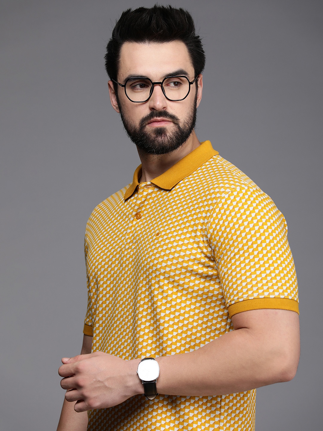 

Louis Philippe Men Pure Cotton Geometric Printed Polo Collar T-shirt, Yellow