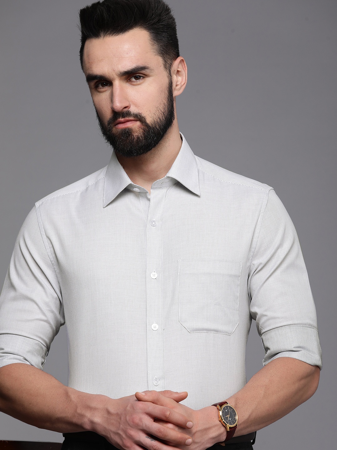 

Louis Philippe Men Grey Classic Fit Textured Pure Cotton Formal Shirt