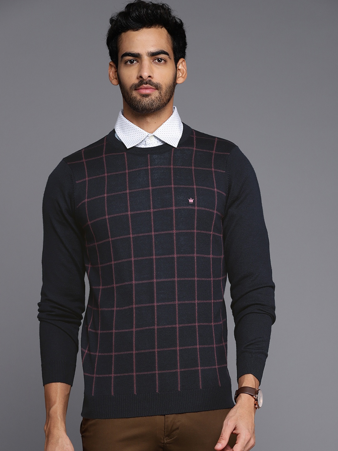 

Louis Philippe Men Navy Blue & Pink Checked Pullover