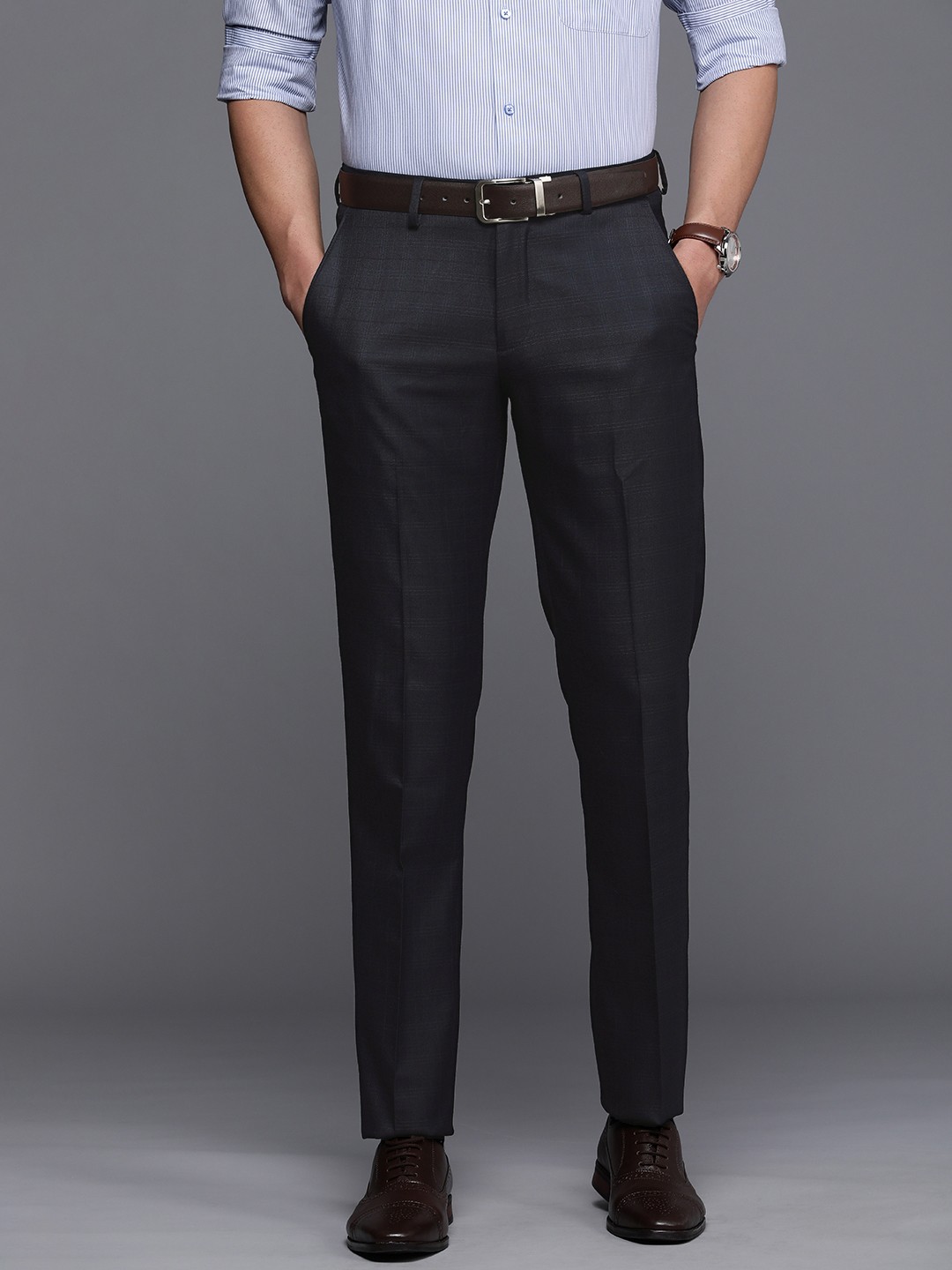

Louis Philippe Men Slim Fit Checked Formal Trousers, Black