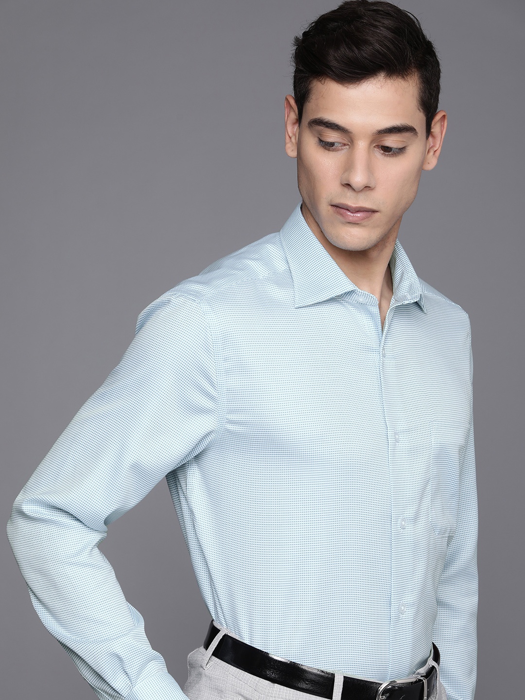 

Louis Philippe Men Green Self Design Classic Fit Pure Cotton Formal Shirt