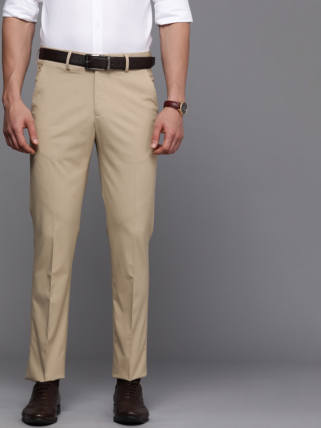 

Louis Philippe Men Beige Striped Slim Fit Formal Trousers