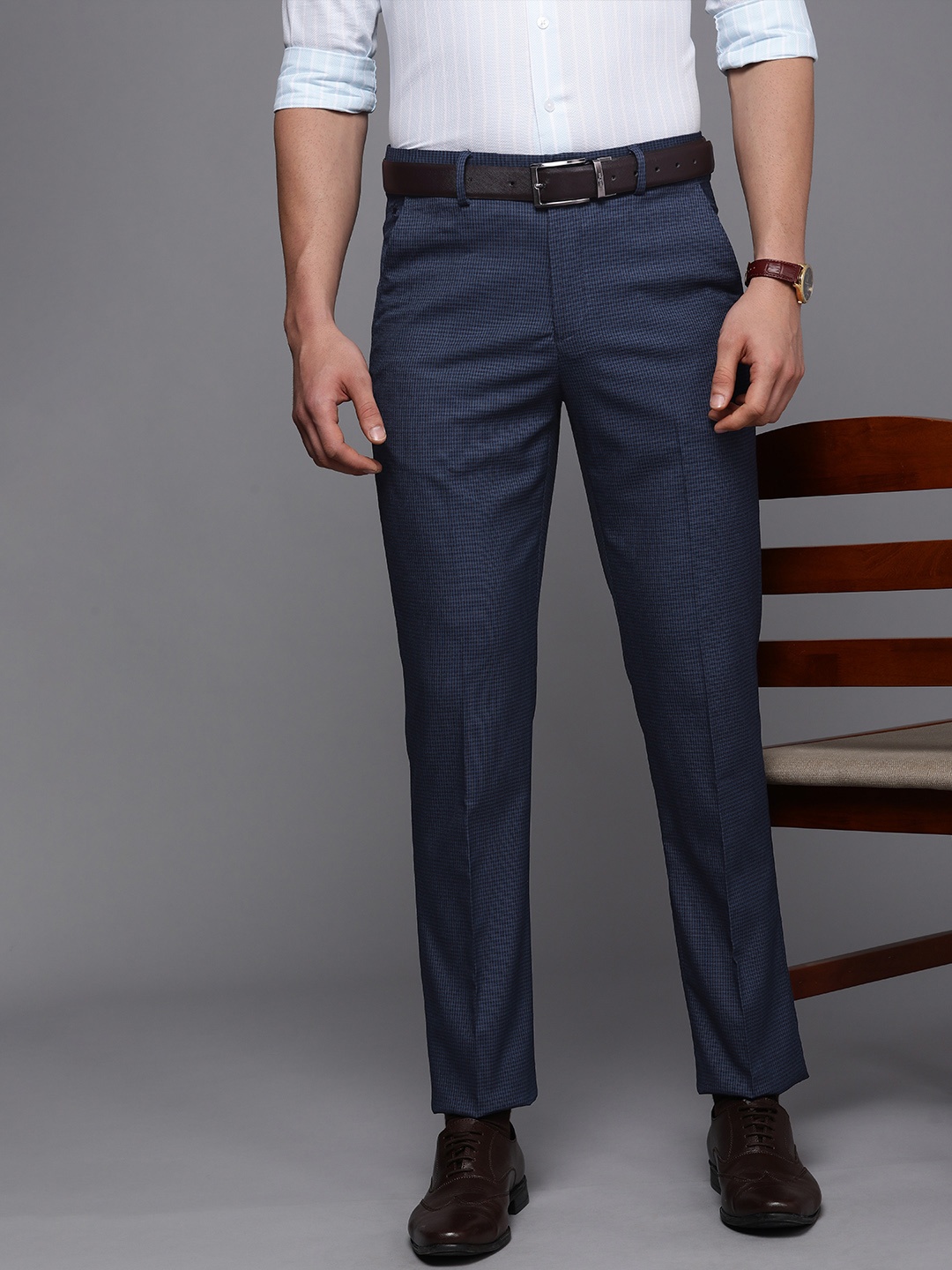

Louis Philippe Men Navy Blue Textured Slim Fit Formal Trousers