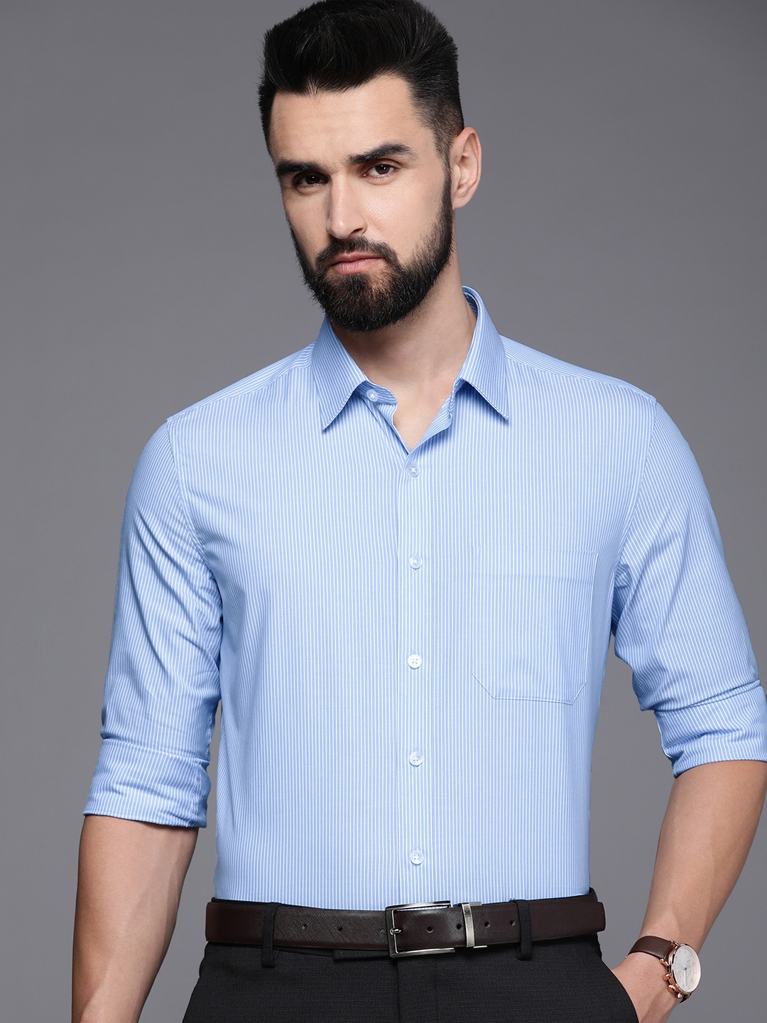 

Louis Philippe Men Blue & White Slim Fit Striped Formal Shirt