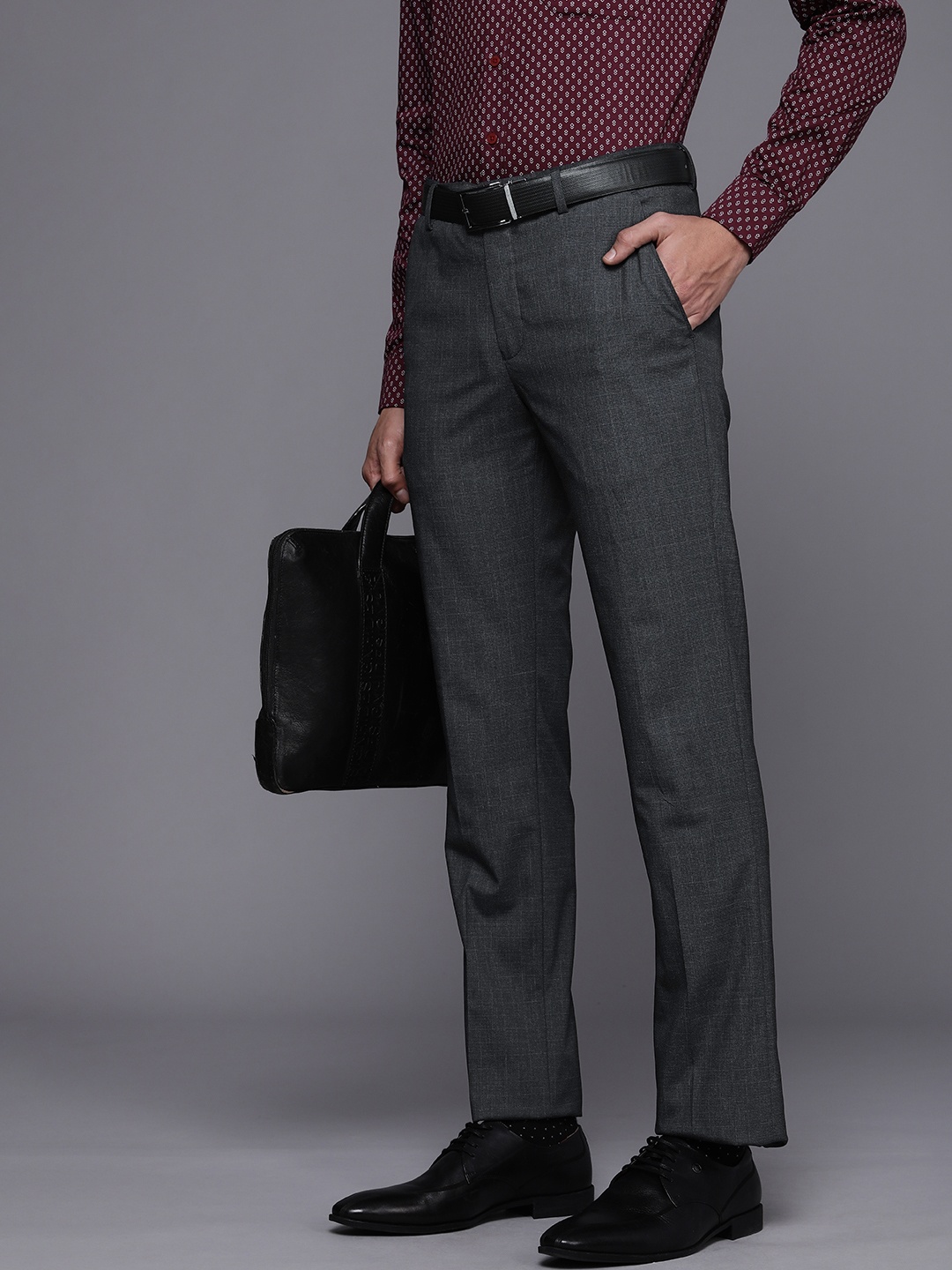 

Louis Philippe Men Charcoal Grey Checked Slim Fit Formal Trousers