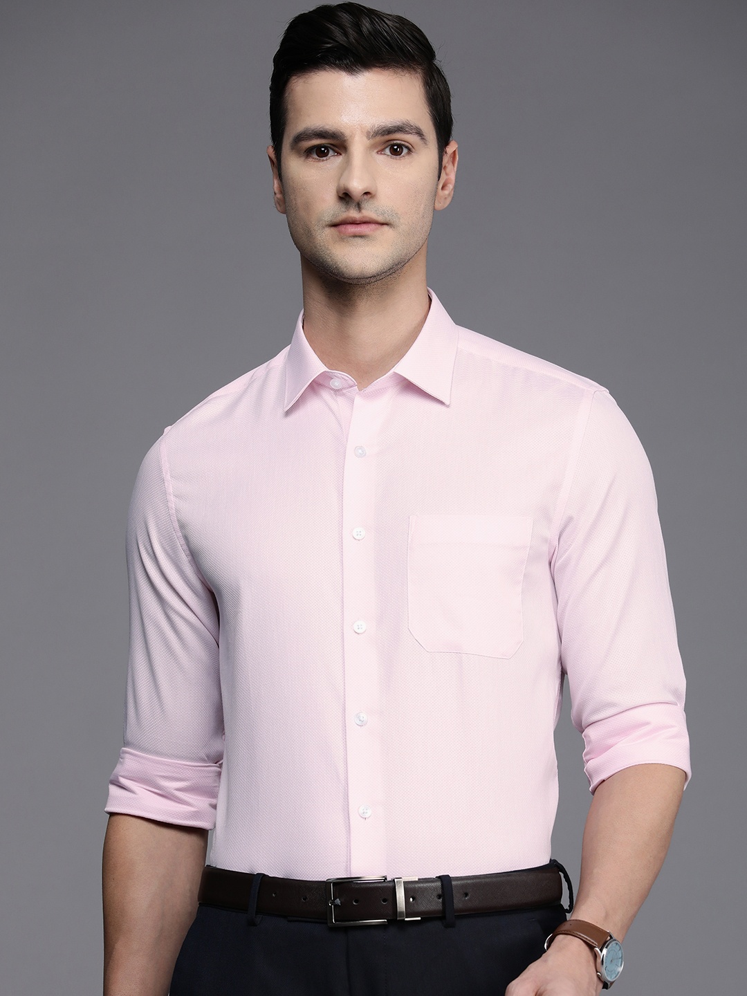 

Louis Philippe Men Pink Slim Fit Textured Pure Cotton Formal Shirt