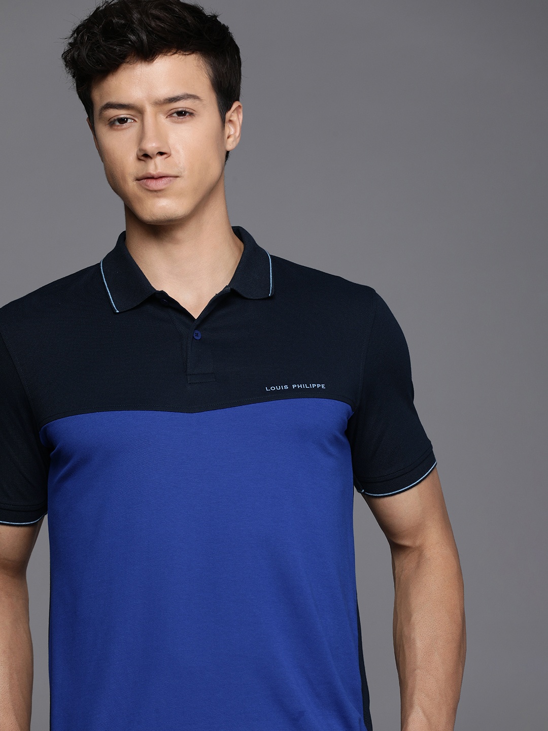

Louis Philippe Men Black & Blue Colourblocked Polo Collar T-shirt