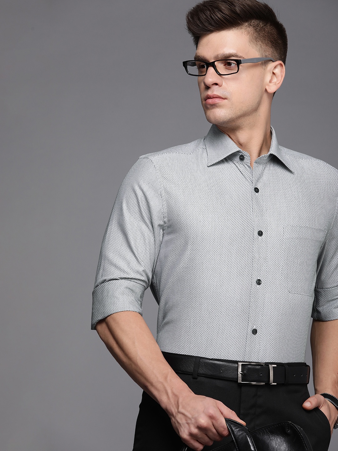 

Louis Philippe Men Grey Polka Dots Classic Printed Pure Cotton Formal Shirt