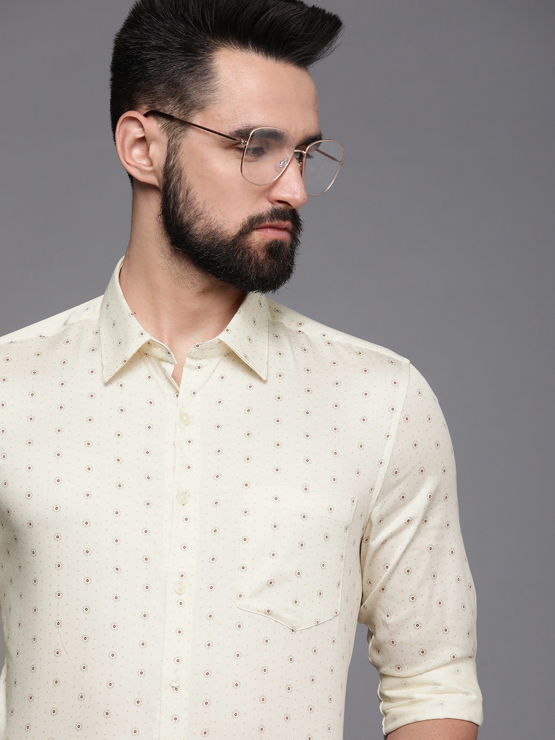 

Louis Philippe Cream-Coloured Geometric Printed Pure Cotton Slim Fit Formal Shirt