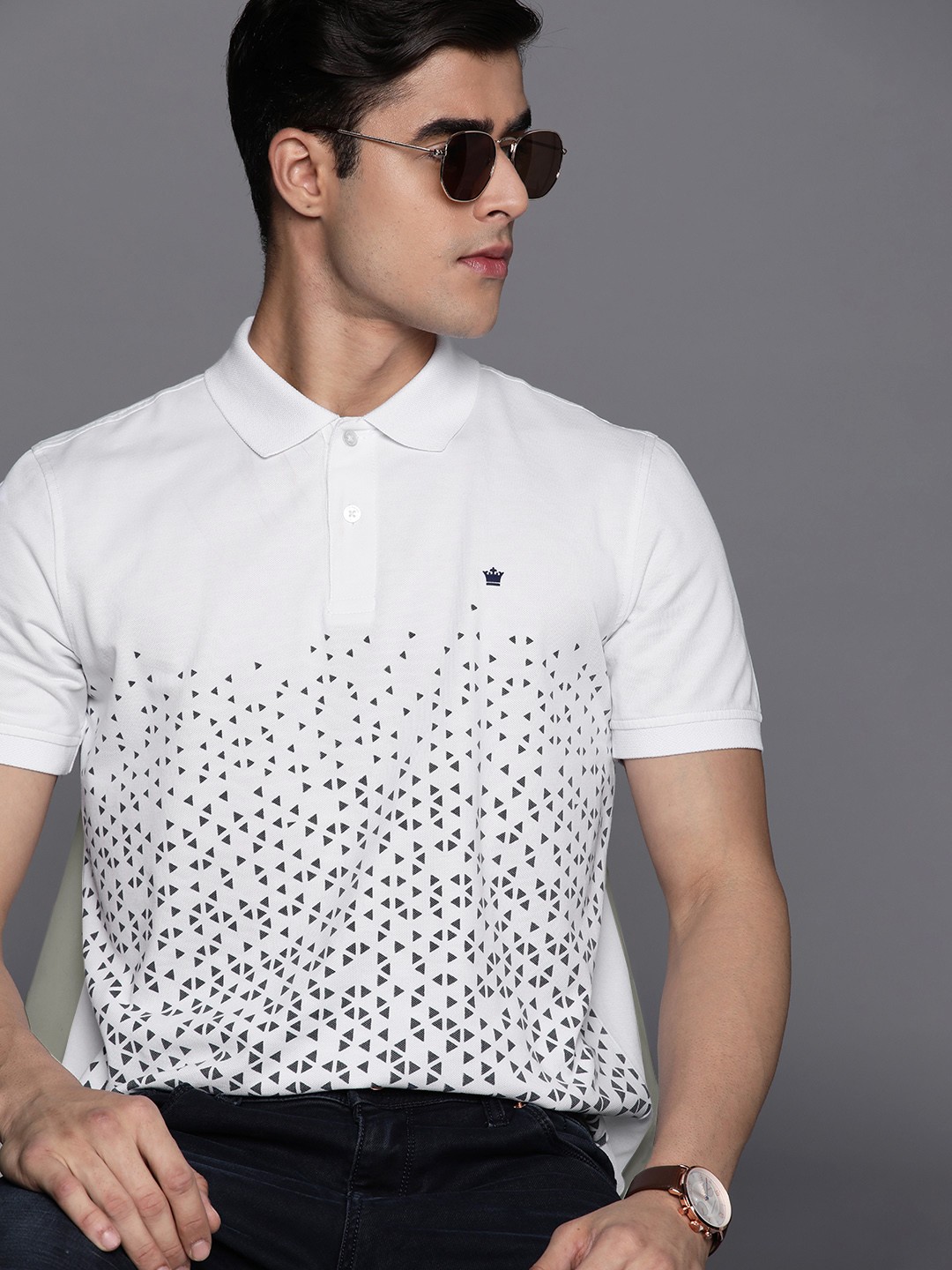 

Louis Philippe Men White & Charcoal Grey Geometric Printed Polo Collar T-shirt