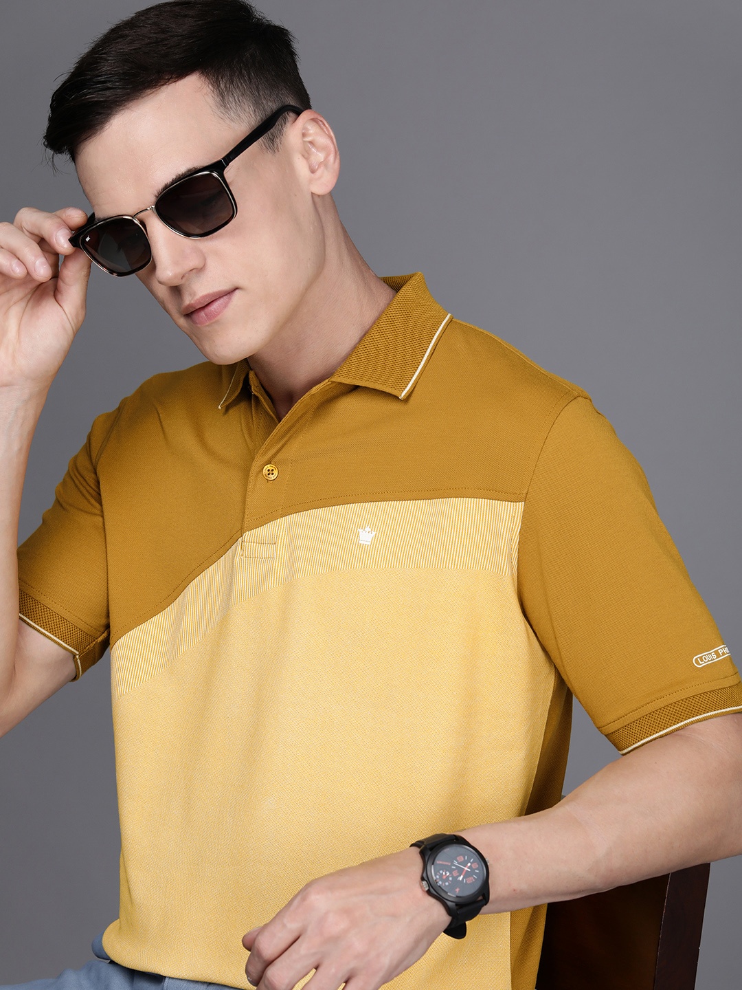 

Louis Philippe Men Mustard Yellow Colourblocked Polo Collar T-shirt