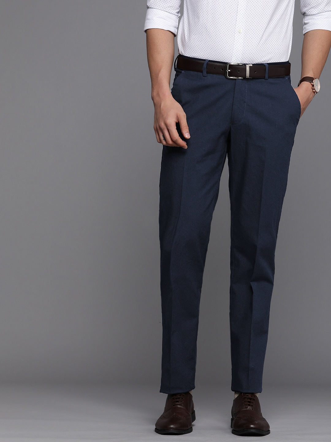 

Louis Philippe Men Navy Blue Solid Slim Fit Mid-Rise Formal Trousers