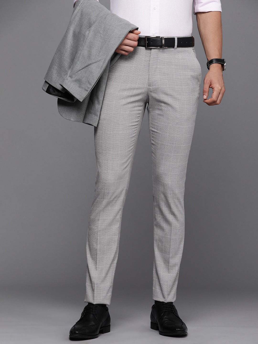 

Louis Philippe Men Grey Checked Super Slim Fit Formal Trousers