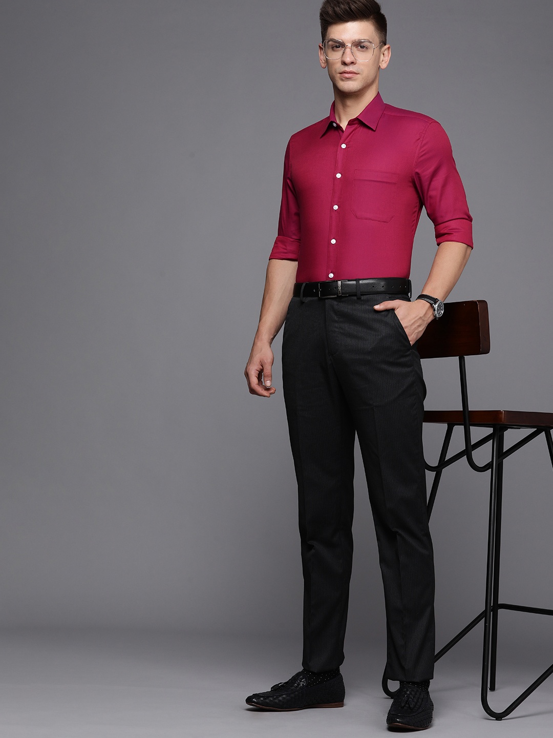 

Louis Philippe Magenta Self-Design Pure Cotton Slim Fit Formal Shirt