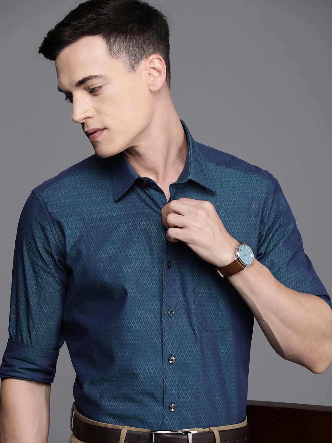 

Louis Philippe Teal Blue Textured Pure Cotton Slim Fit Formal Shirt