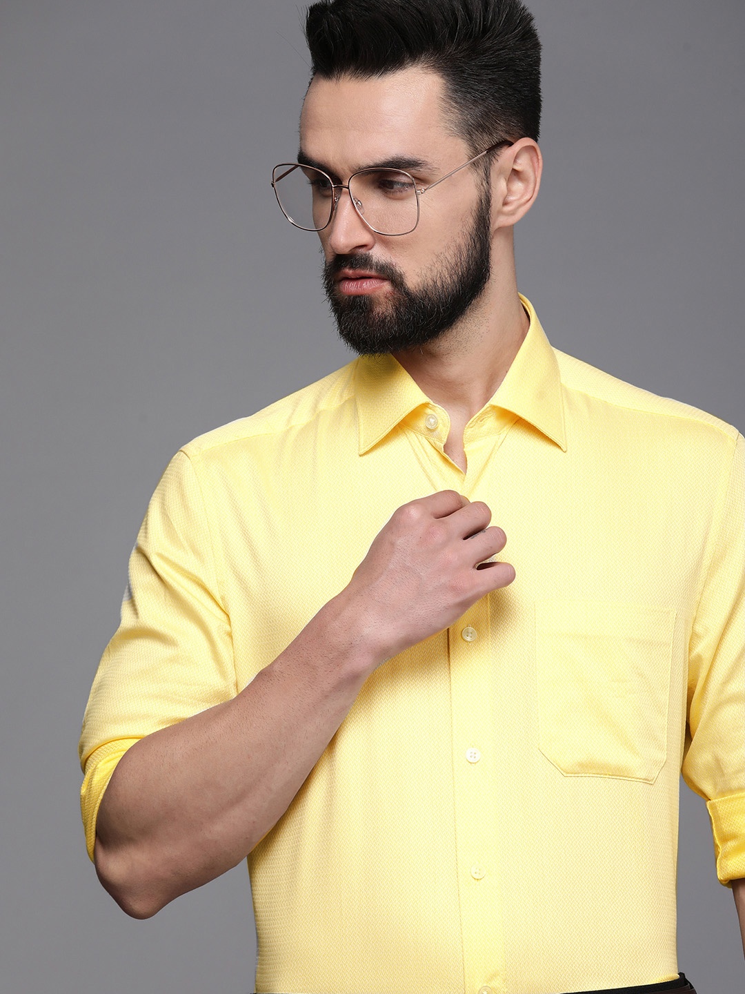 

Louis Philippe Men Yellow Classic Self Design Pure Cotton Formal Shirt