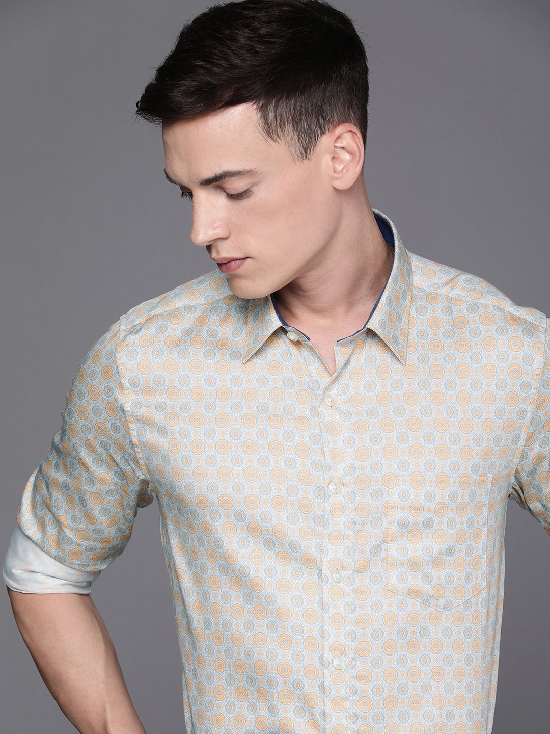 

Louis Philippe Men White & Orange Slim Fit Ethnic Motifs Printed Pure Cotton Formal Shirt