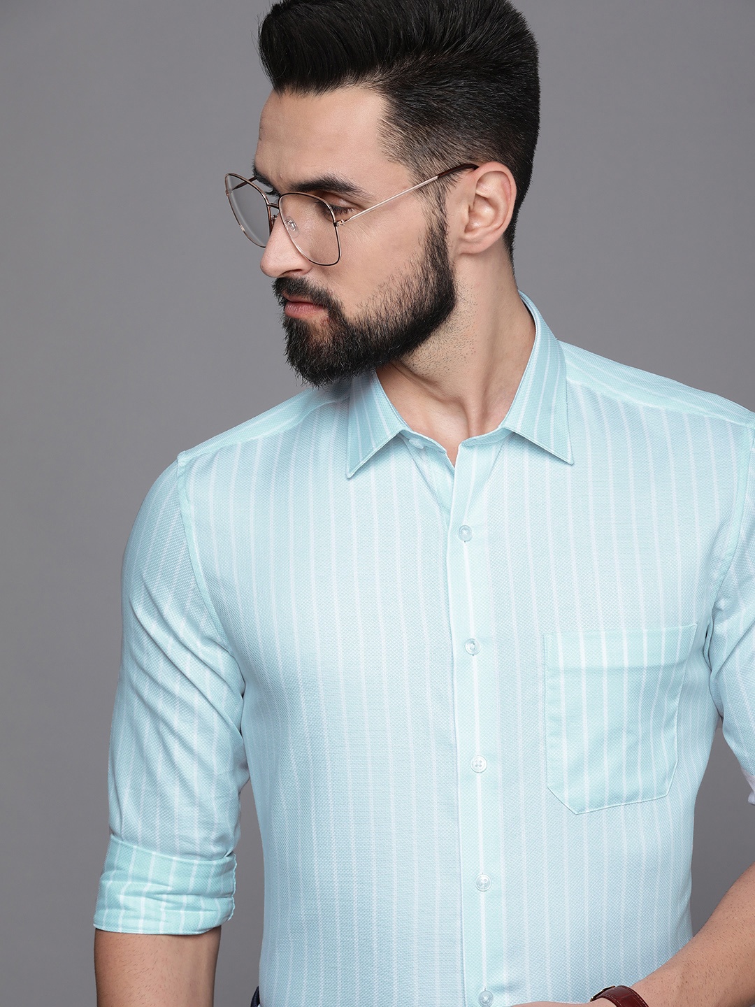 

Louis Philippe Men Blue & White Slim Fit Striped Pure Cotton Formal Shirt