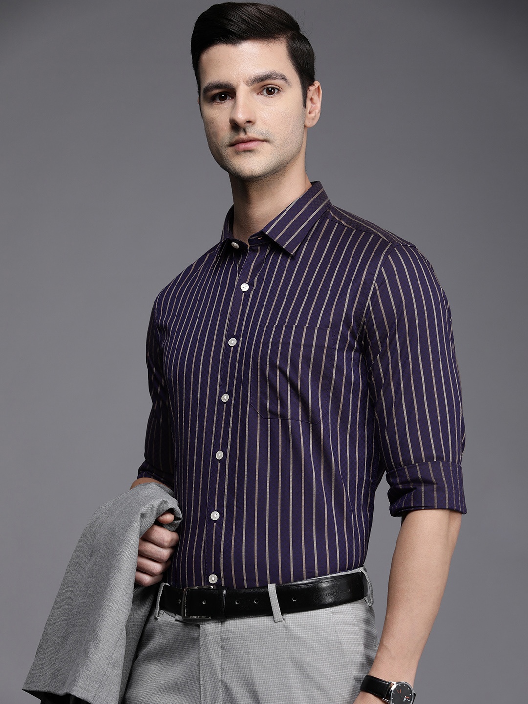 

Louis Philippe Men Slim Fit Striped Pure Cotton Formal Shirt, Navy blue