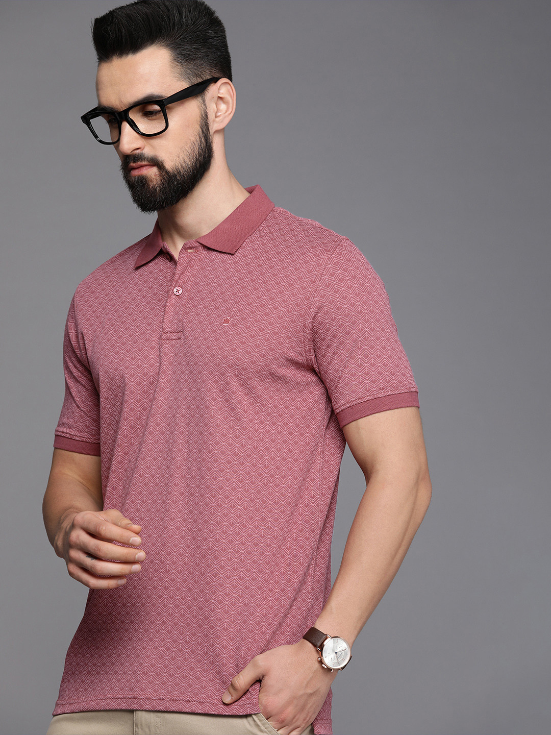 

Louis Philippe Men Micro-Ditsy Printed Polo Collar T-shirt, Pink