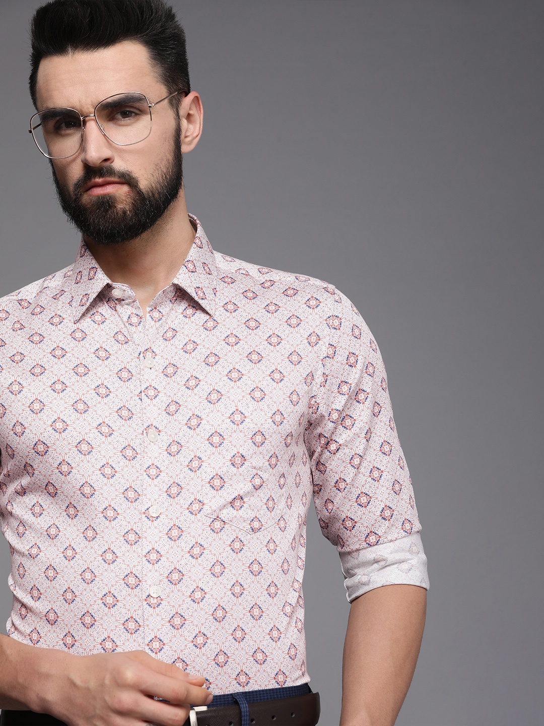 

Louis Philippe Men Off-White & Rust Red Slim Fit Printed Pure Cotton Formal Shirt