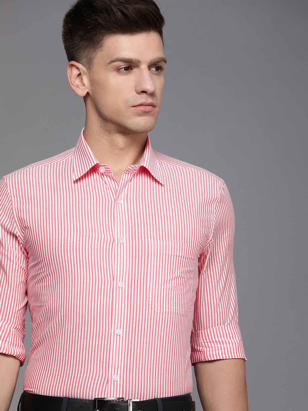 

Louis Philippe Men Coral Pink & White Slim Fit Striped Pure Cotton Formal Shirt