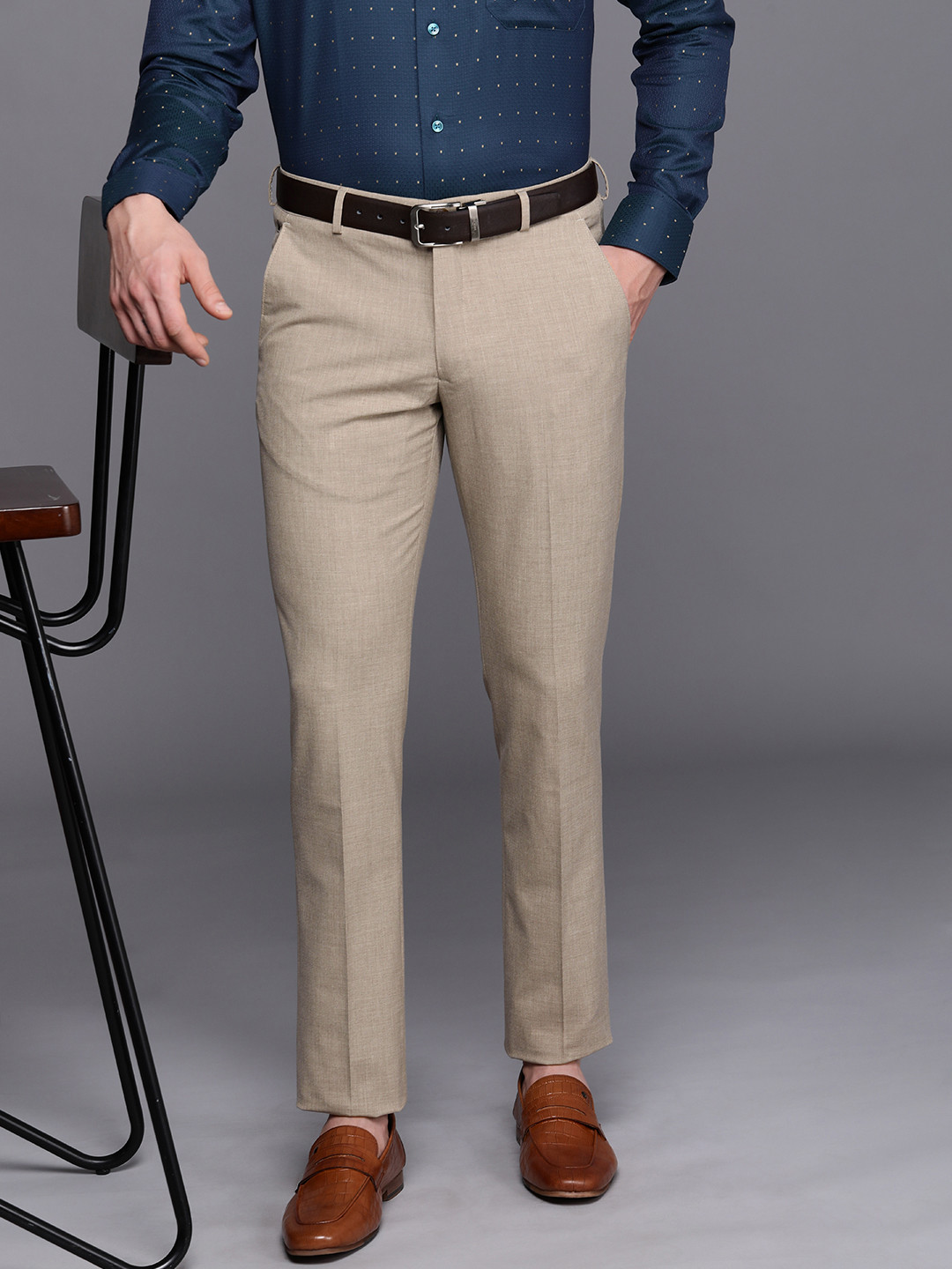 

Louis Philippe Men Super Slim Fit Formal Trousers, Khaki