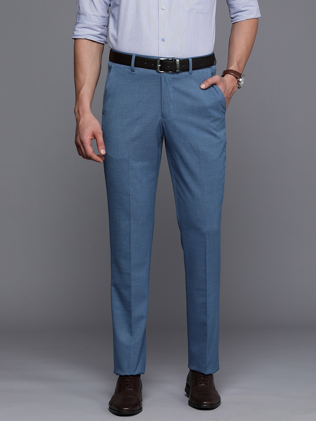 

Louis Philippe Men Slim Fit Textured Formal Trousers, Blue