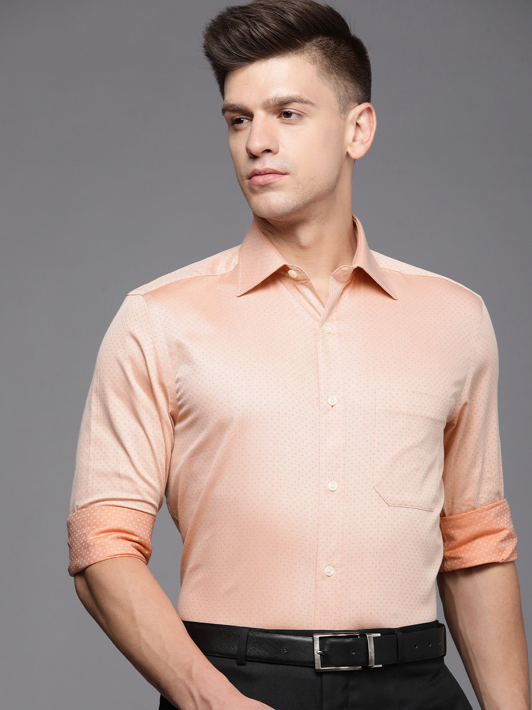 

Louis Philippe Men Peach-Coloured Micro-Ditsy Classic Printed Pure Cotton Formal Shirt