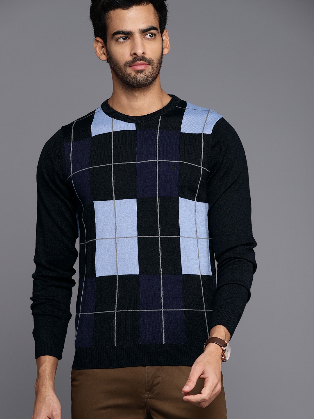 

Louis Philippe Men Navy Blue & White Checked Pullover