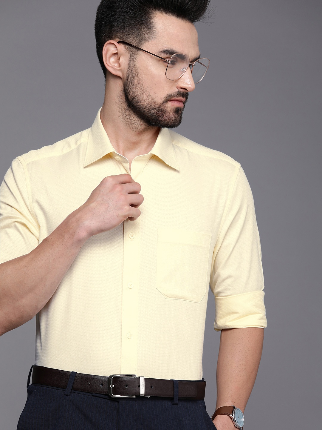 

Louis Philippe Men Yellow Classic Fit Textured Pure Cotton Formal Shirt