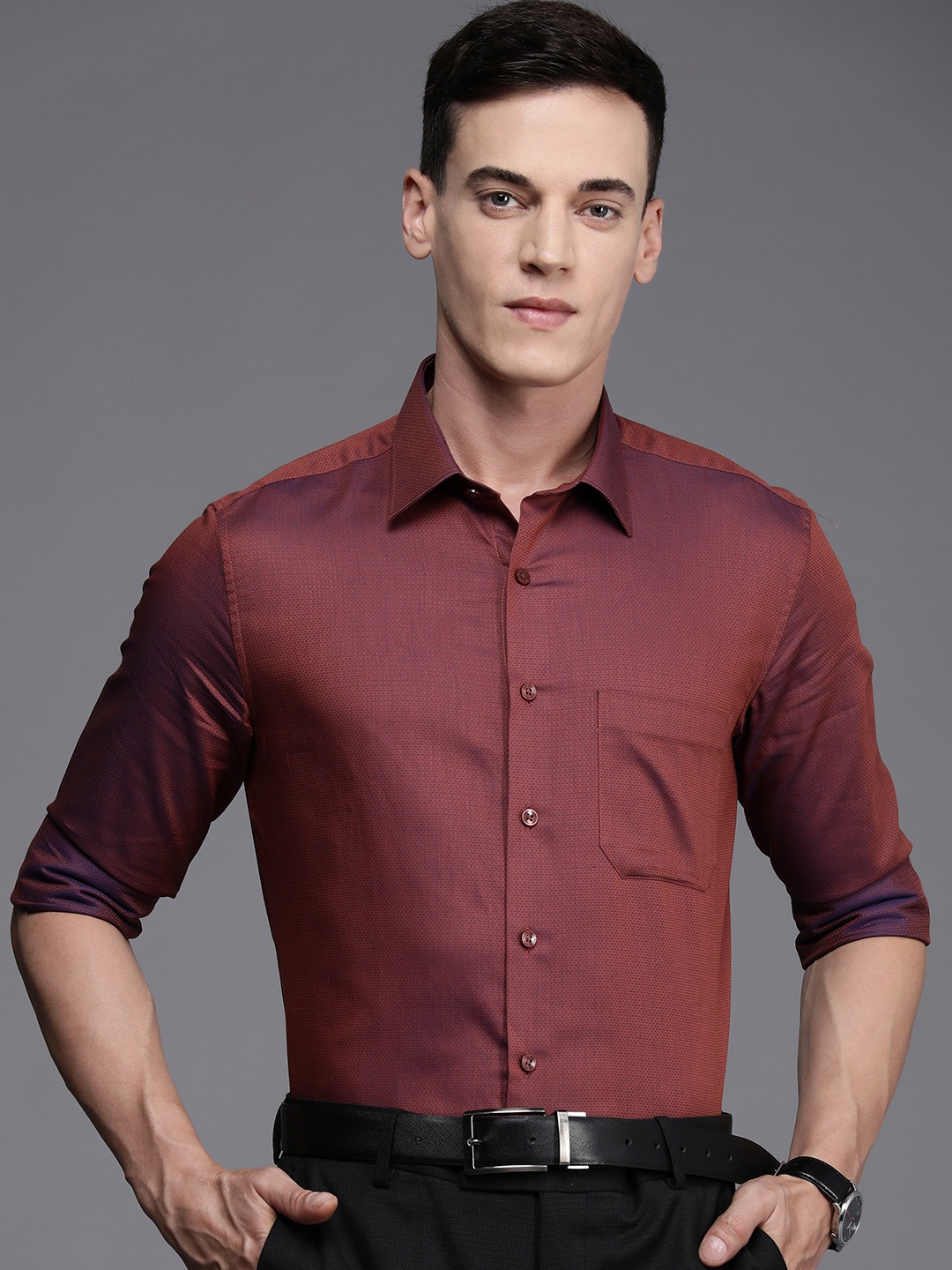 

Louis Philippe Men Maroon Textured Slim Fit Pure Cotton Formal Shirt