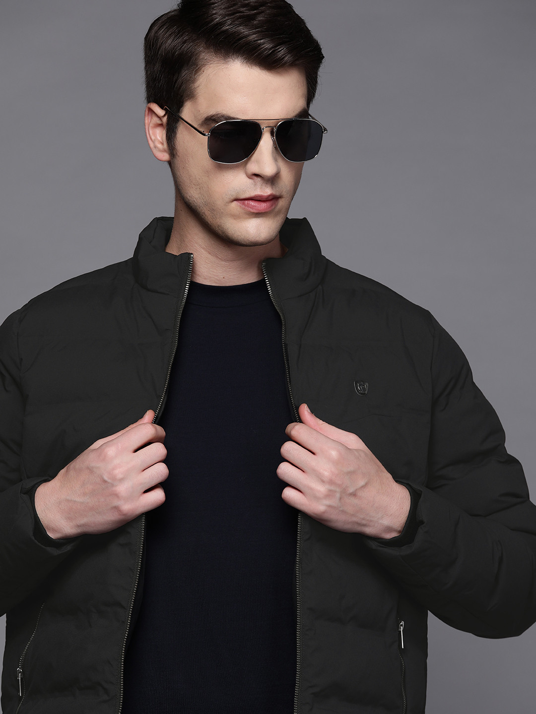 

Louis Philippe Men Black Mock Collar Padded Jacket