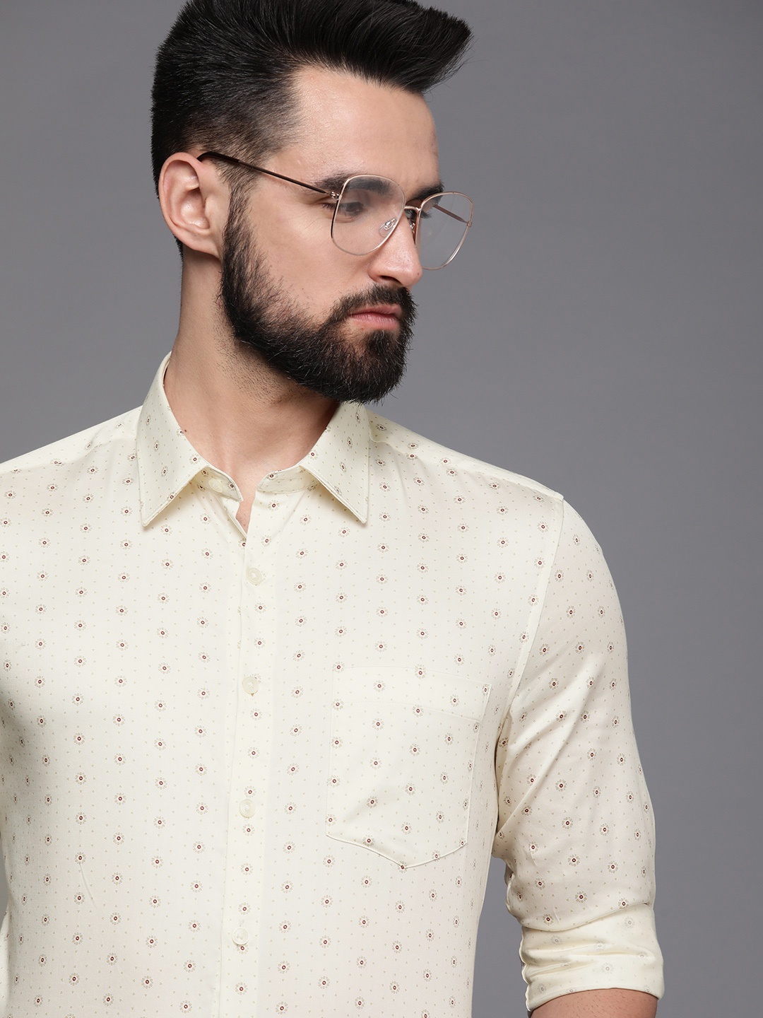 

Louis Philippe Men Cream Slim Fit Geometric Printed Pure Cotton Formal Shirt