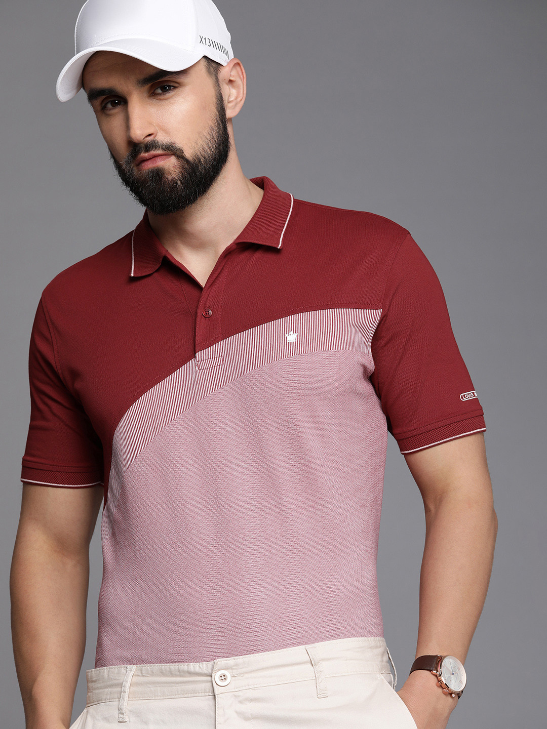

Louis Philippe Men Colourblocked Polo Collar T-shirt, Maroon