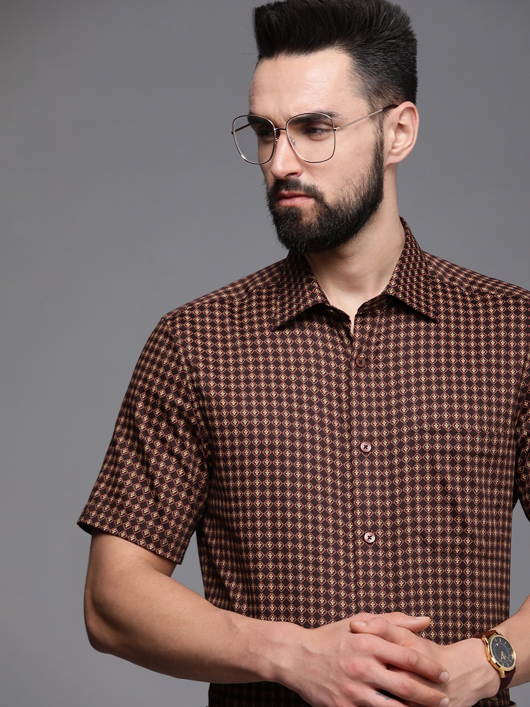 

Louis Philippe Men Brown Classic Geometric Printed Pure Cotton Formal Shirt