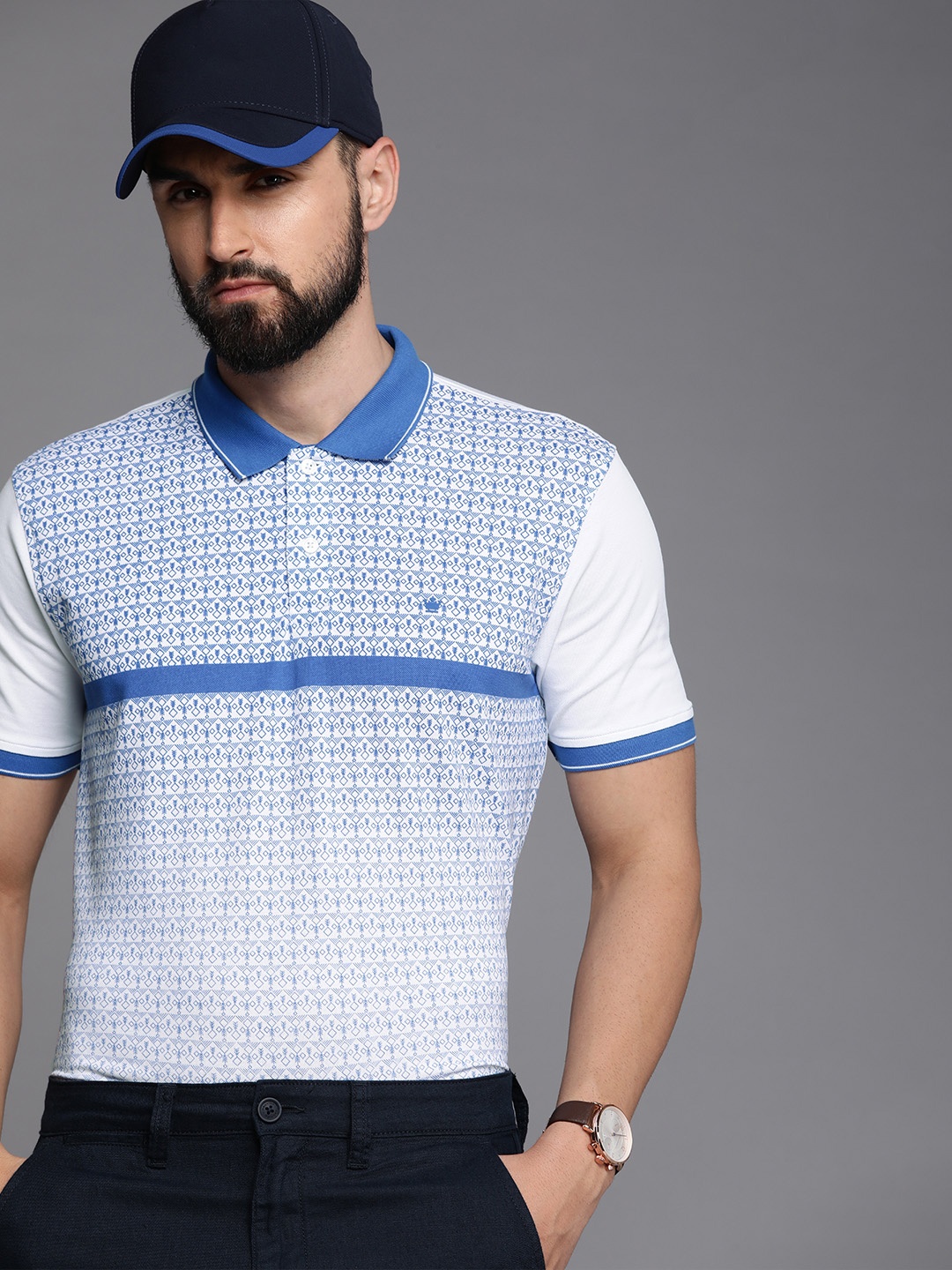 

Louis Philippe Men Micro-Print Self-Design Polo Collar T-shirt, Blue