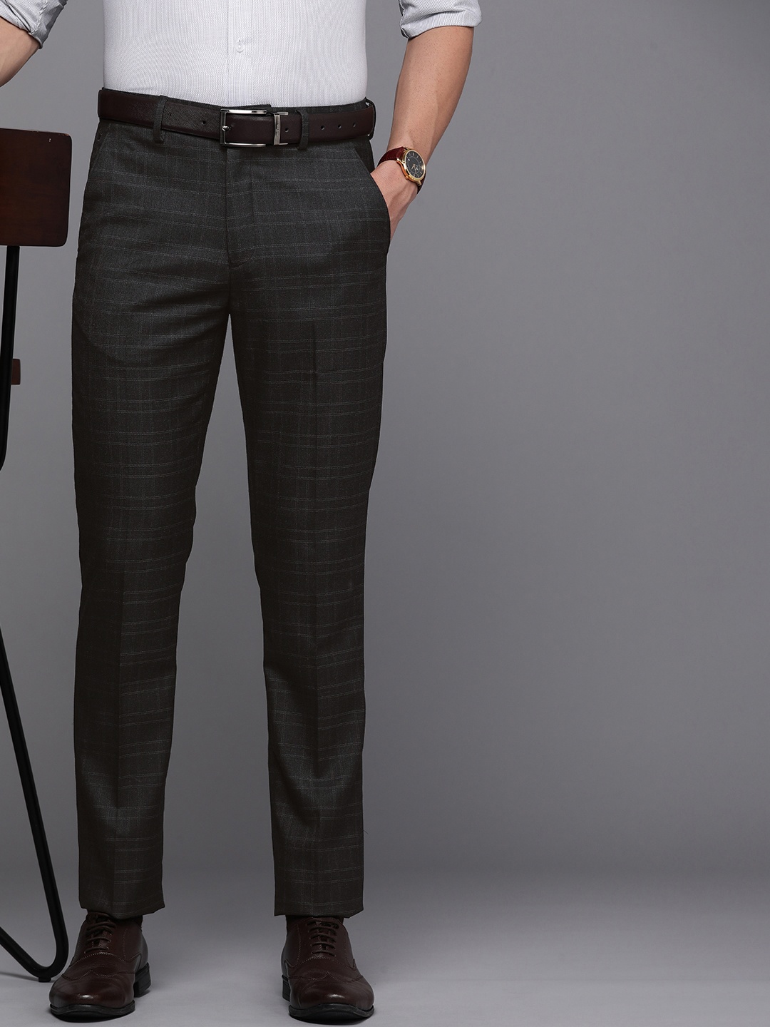 

Louis Philippe Men Charcoal Grey Checked Slim Fit Formal Trousers