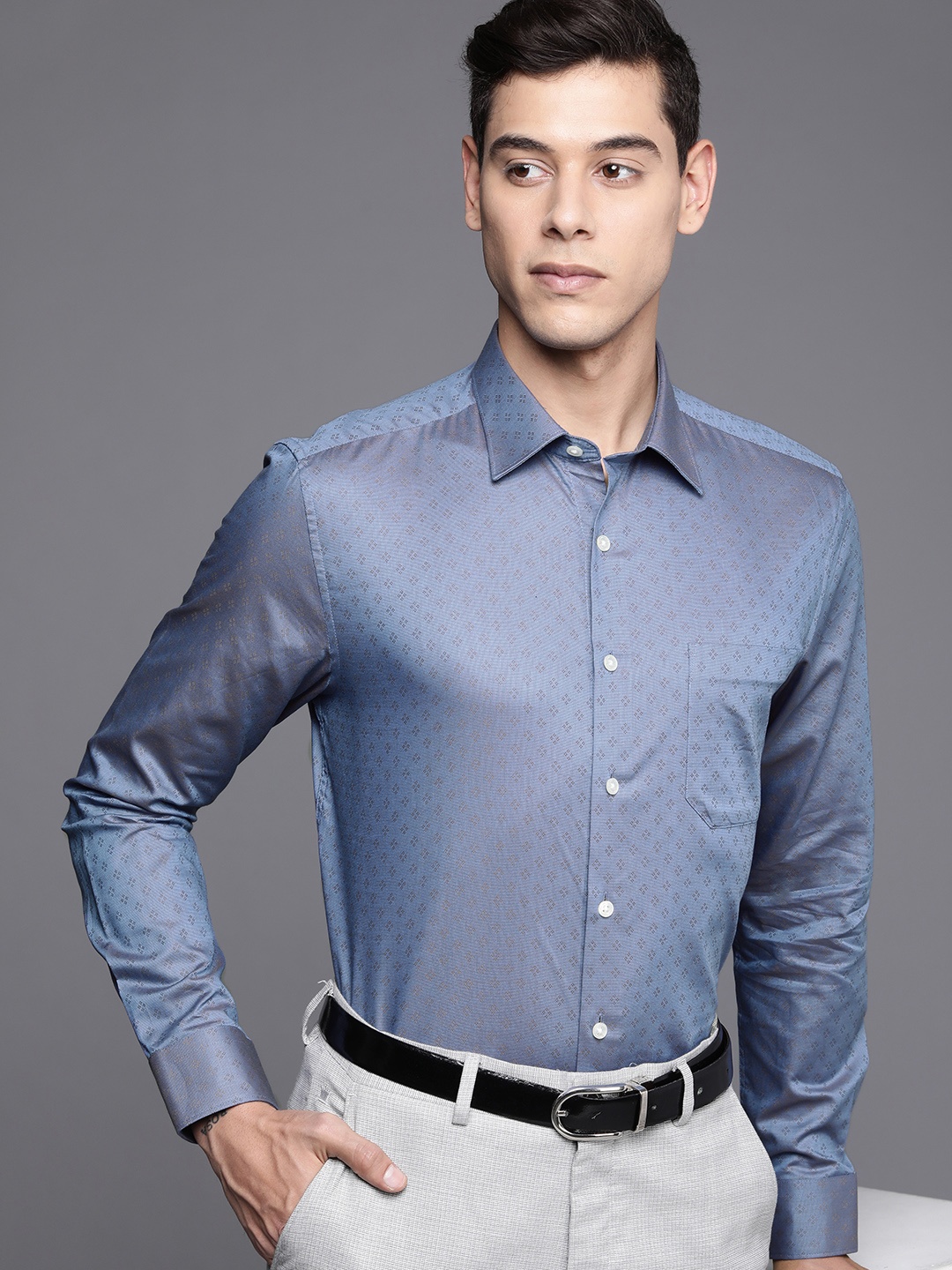 

Louis Philippe Men Slim Fit Geometric Printed Pure Cotton Formal Shirt, Blue