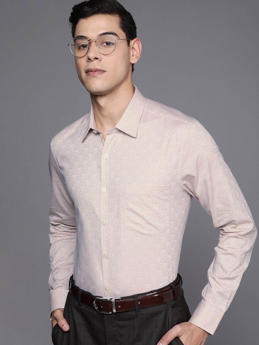 

Louis Philippe Men Slim Fit Textured Pure Cotton Formal Shirt, Beige