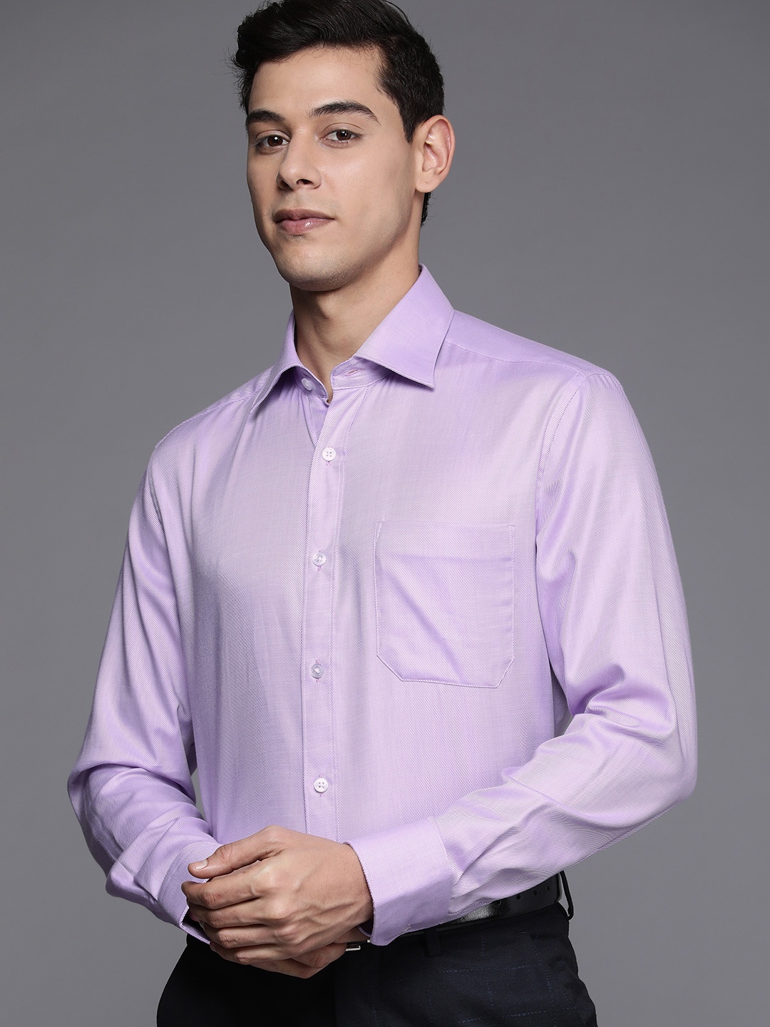 

Louis Philippe Men Classic Fit Pinstriped Pure Cotton Formal Shirt, Lavender