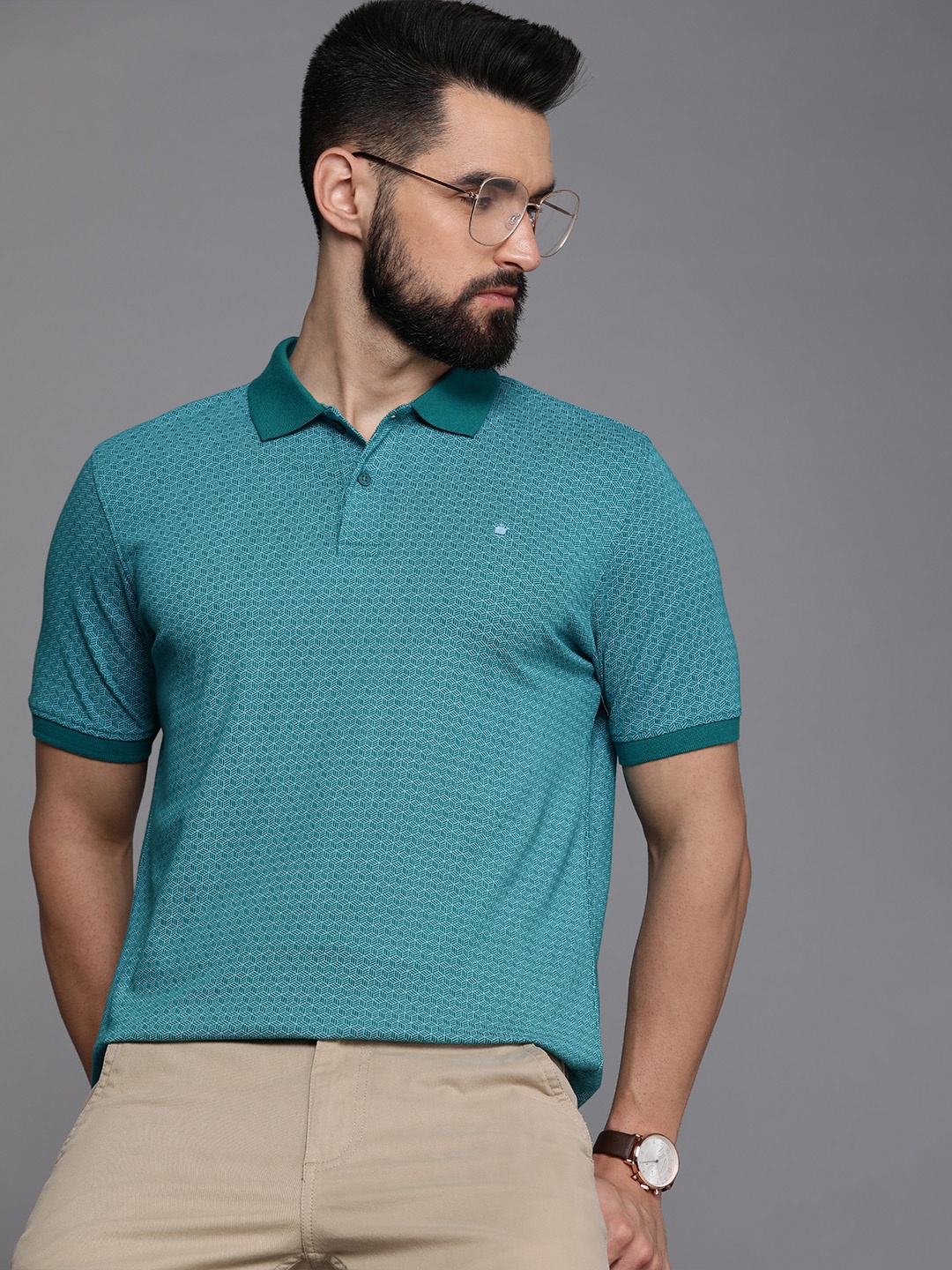 

Louis Philippe Men Micro-Ditsy Printed Polo Collar T-shirt, Green