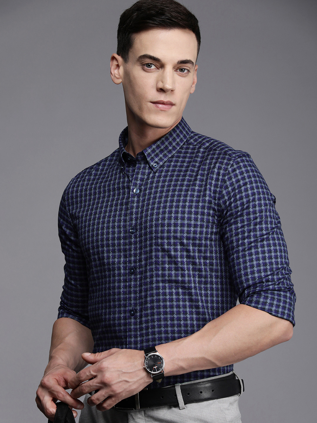 

Louis Philippe Men Navy Blue & White Super Slim Fit Checked Formal Shirt