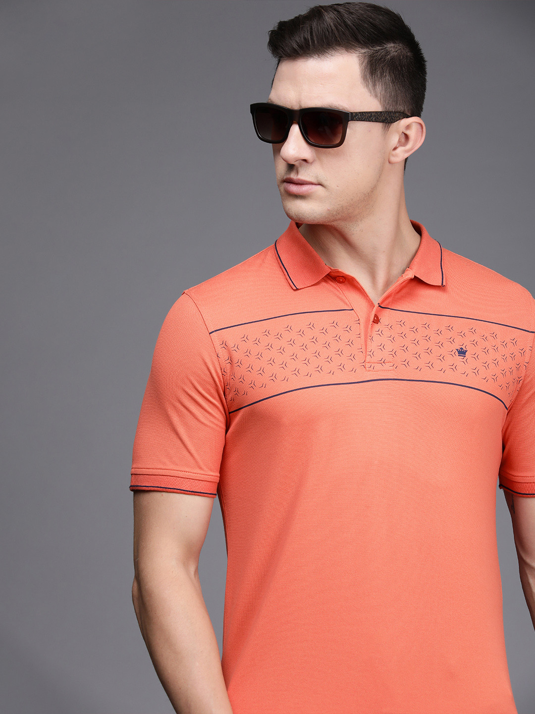 

Louis Philippe Men Orange Geometric Printed Polo Collar T-shirt
