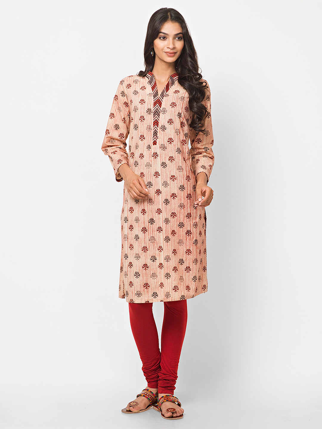 

Fabindia Women Beige & Red Hand Block Print Straight Kurta