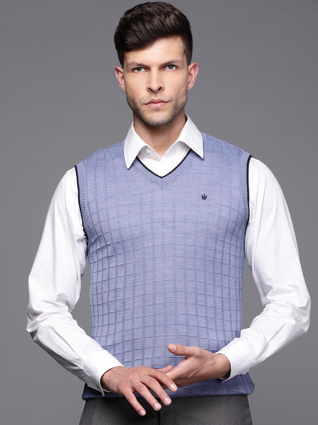 

Louis Philippe Men Blue Self Design Sweater Vest
