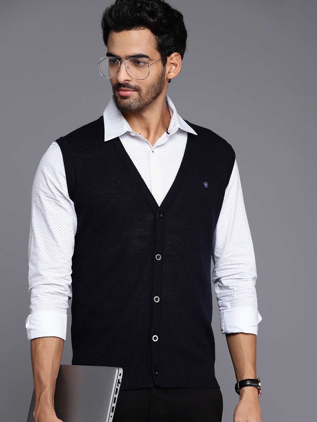 

Louis Philippe Men Navy Blue Solid Button Closure Cardigan