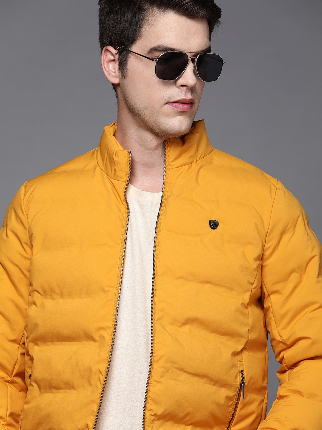 

Louis Philippe Men Mustard Yellow Mock Collar Padded Jacket