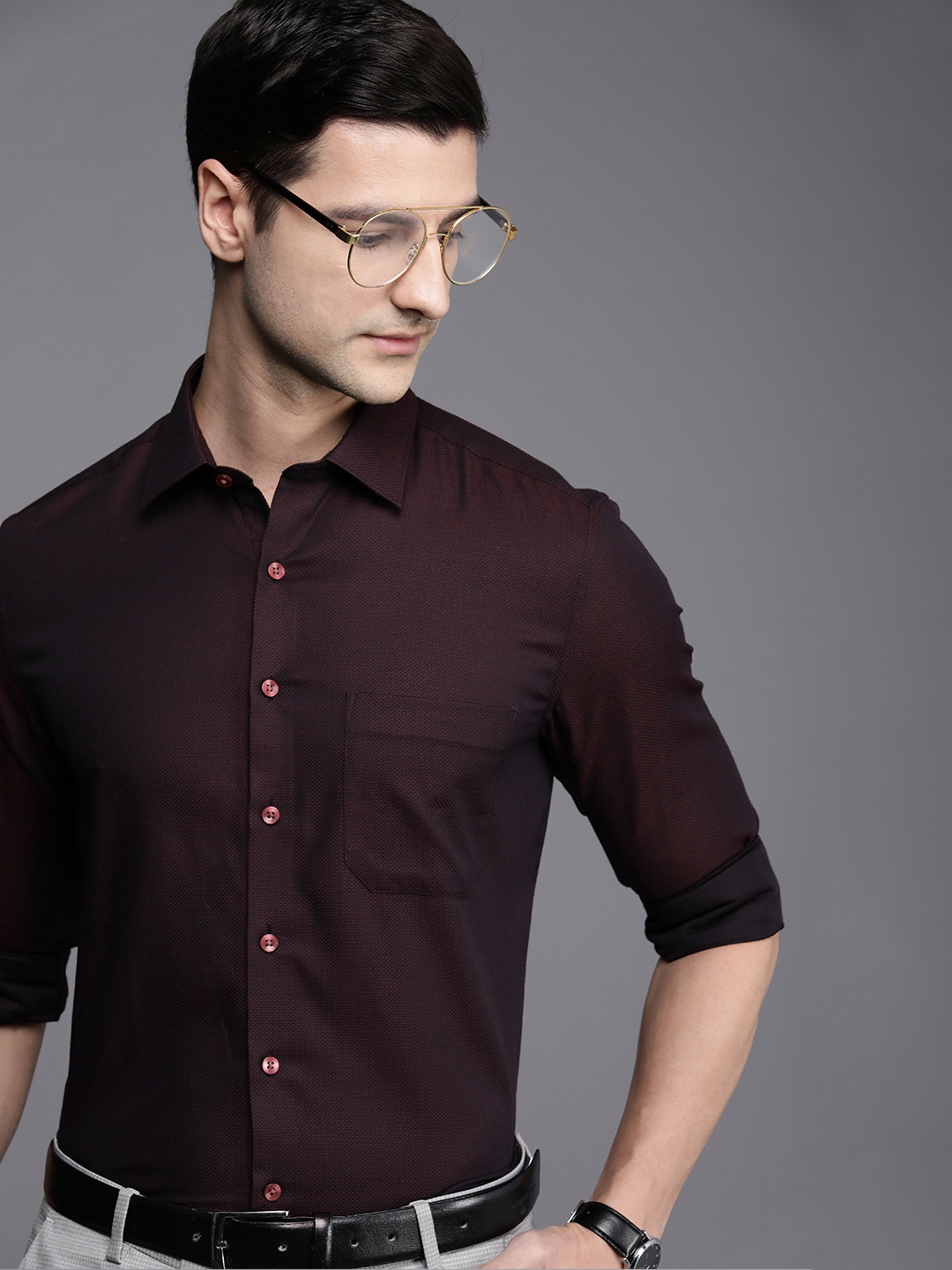 

Louis Philippe Men Maroon Self Design Textured Slim Fit Pure Cotton Formal Shirt