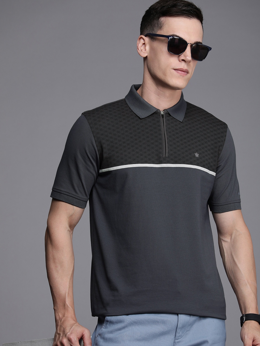 

Louis Philippe Men Grey Geometric Printed Polo Collar T-shirt